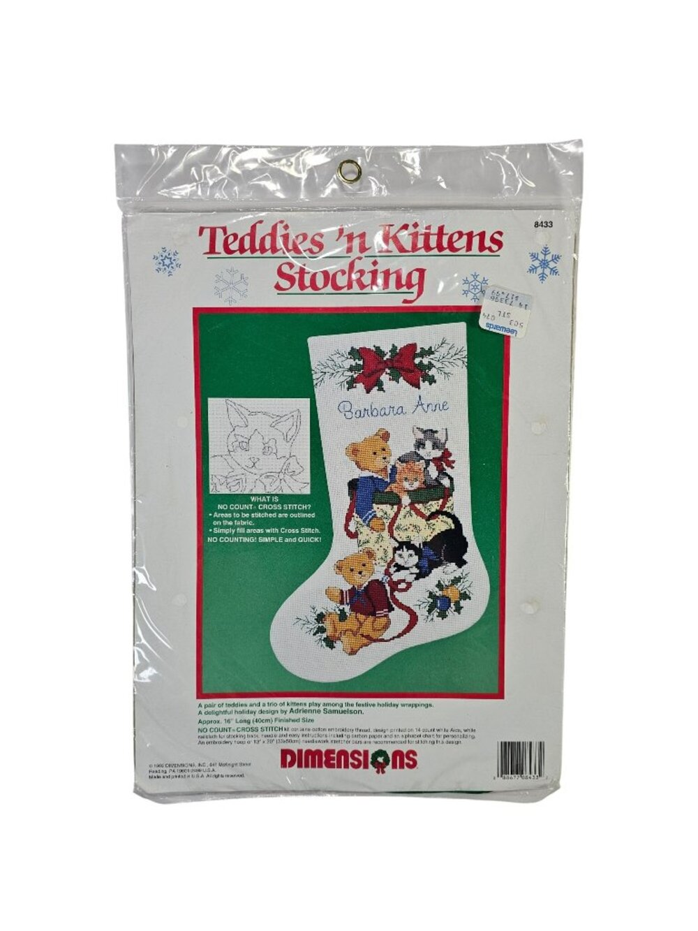 Teddies N Kittens Stocking No Count Cross Stitch Kit #8433 Dimensions 1992